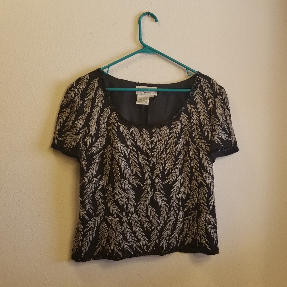 SOLD VTG Papell Boutique Black Beaded Silk Blouse L